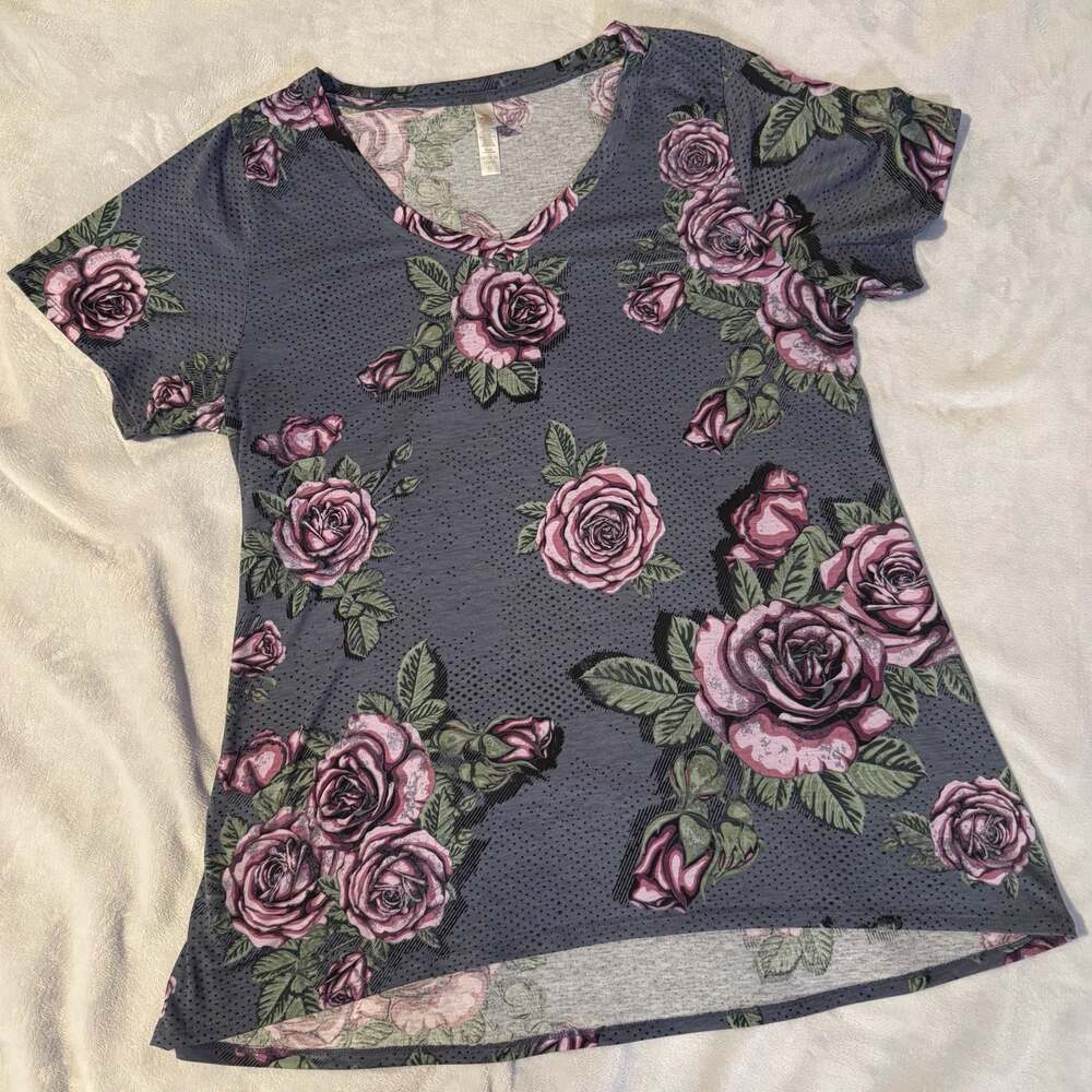 LuLaRoe Christy Tee XL Grey Purple Floral Roses V-Neck Top